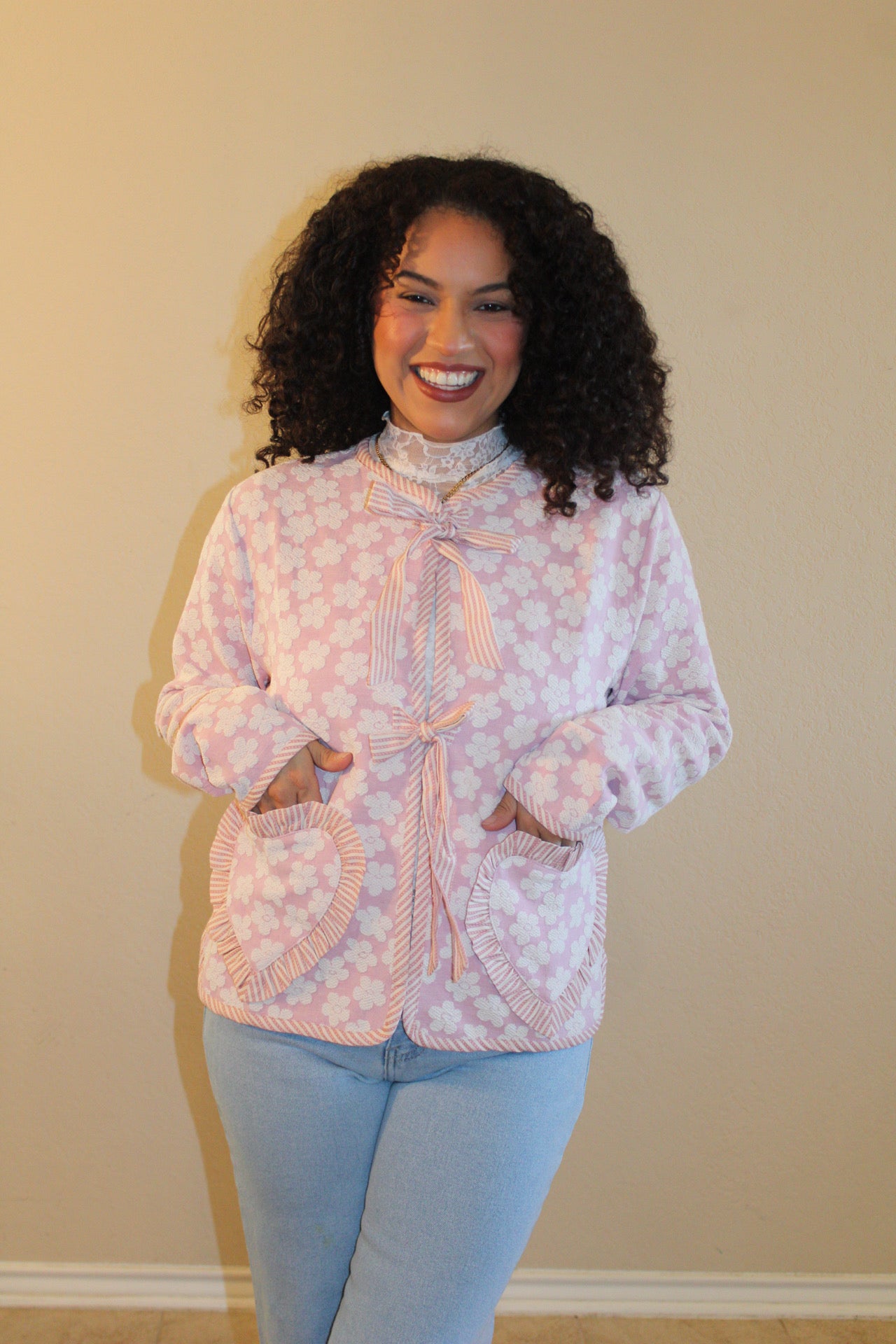 Delilah Coquette Floral Heart Pocket Cardigan