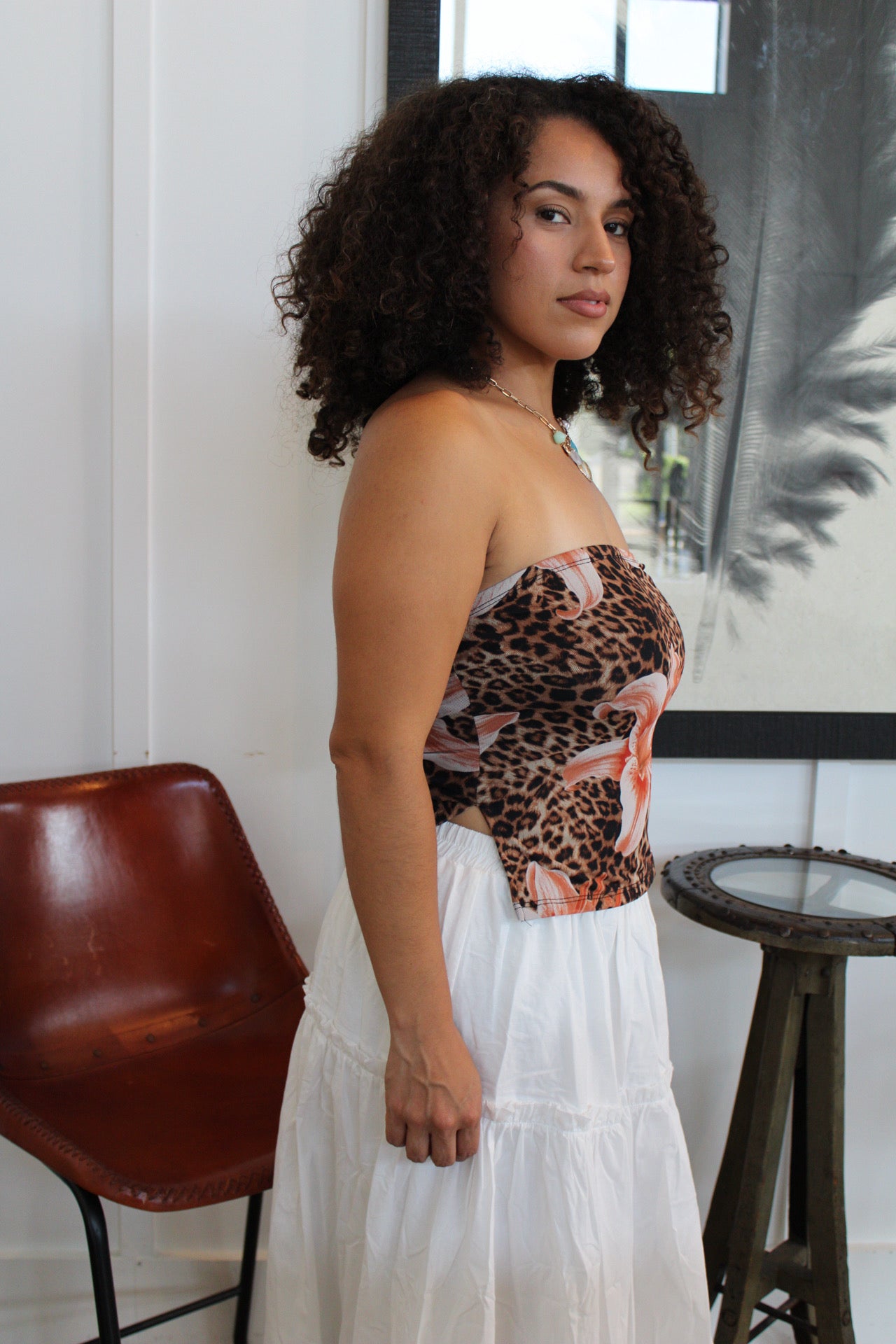 Adelina Leopard Floral Strapless Top