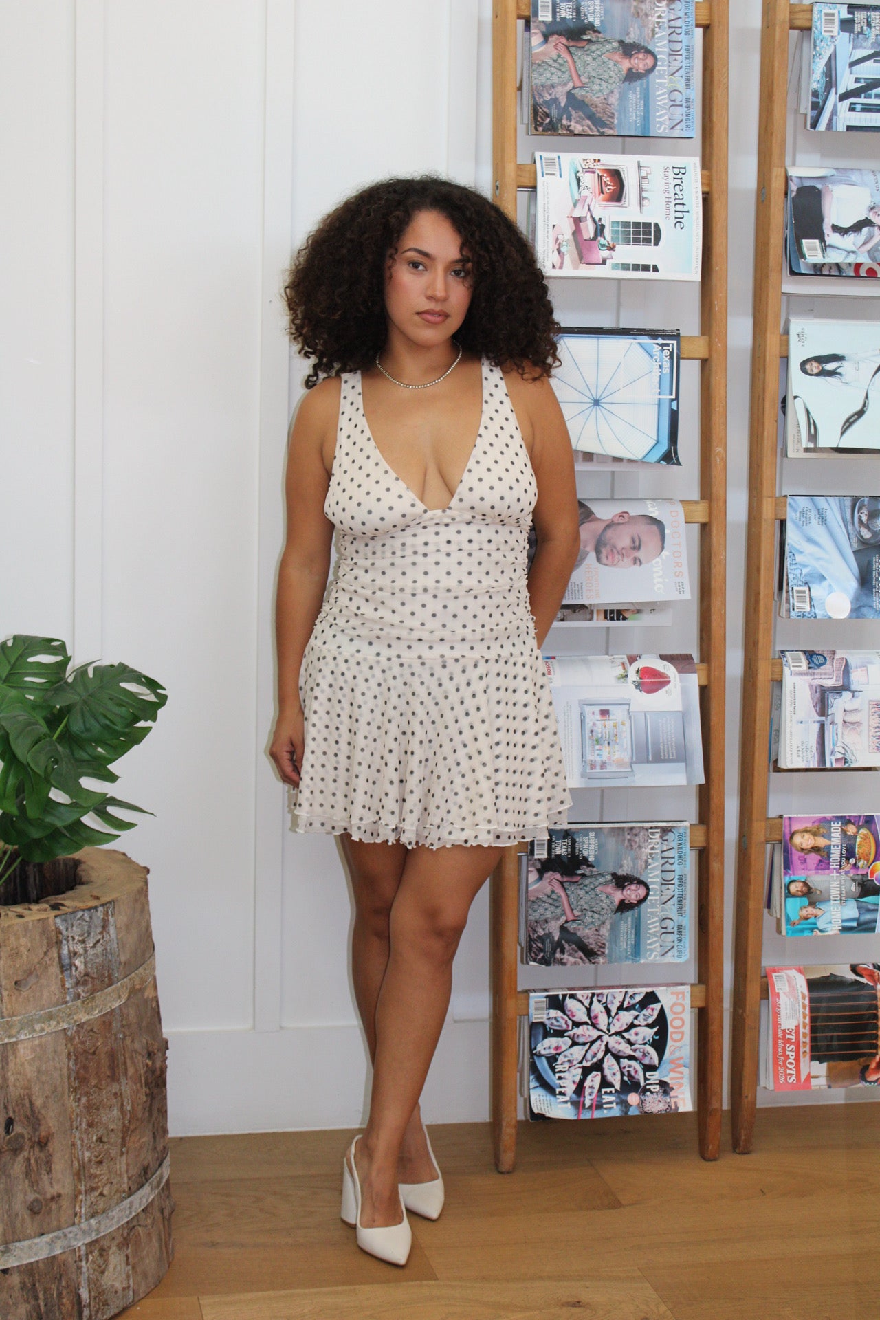 Missy Classy Deep V Neck Polka Dot Dress M / Cream