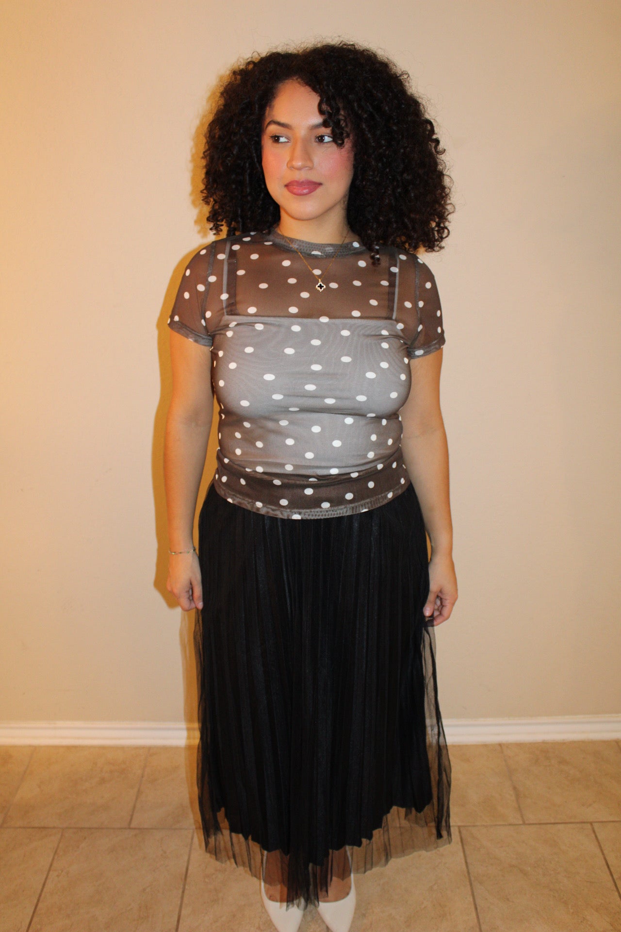 Mocha Mesh Polka Dot Top