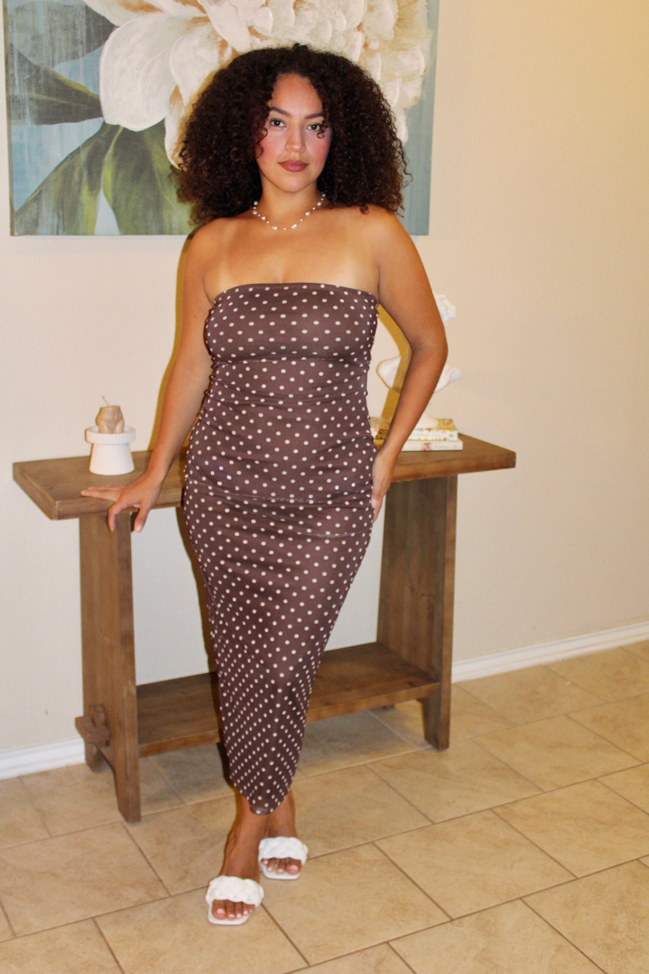 Ada Polka Dot Strapless Midi Dress