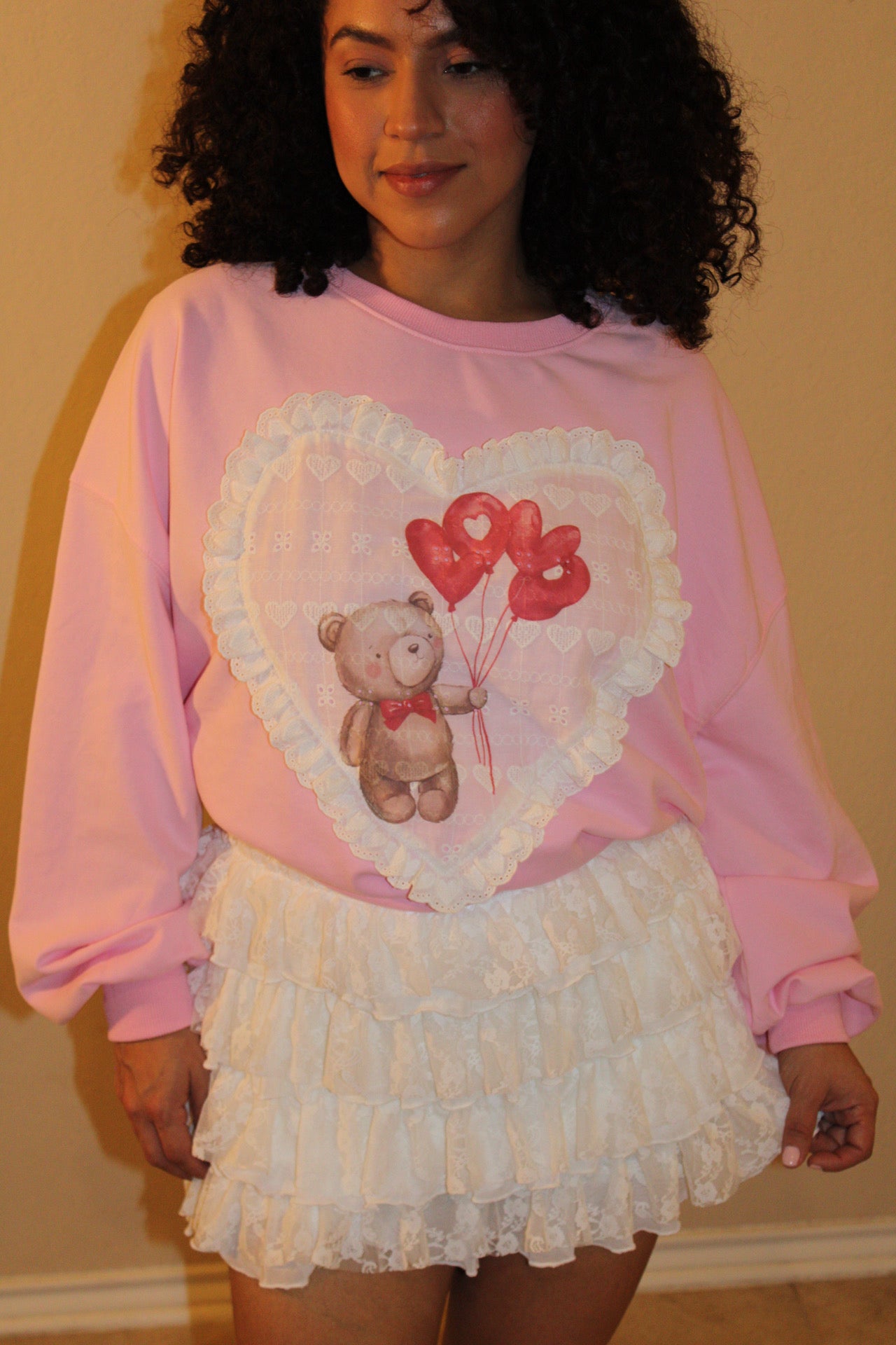 Lorelei Teddy Bear Eyelet Heart Patch Sweater