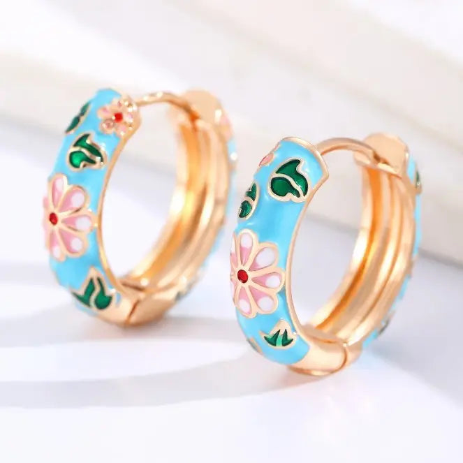 Viola Vintage Enamel Floral Huggie Hoops