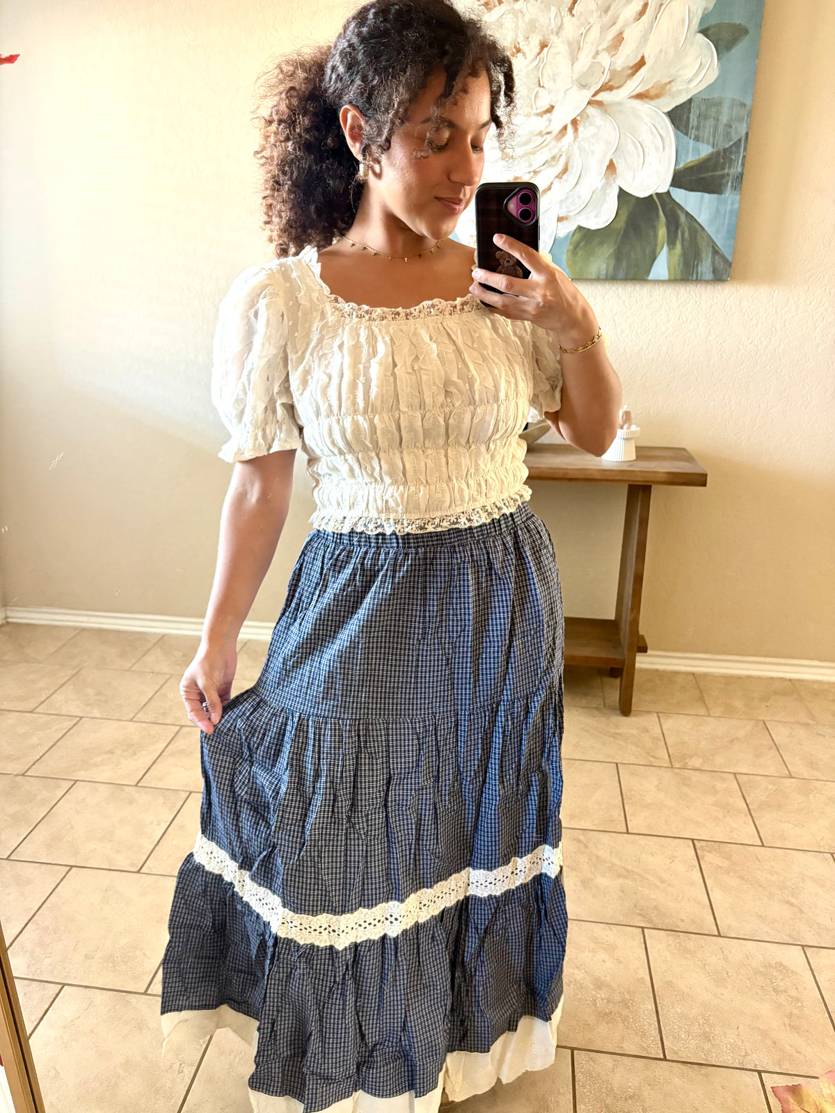 Audora Cottage Plaid Lace Maxi Skirt