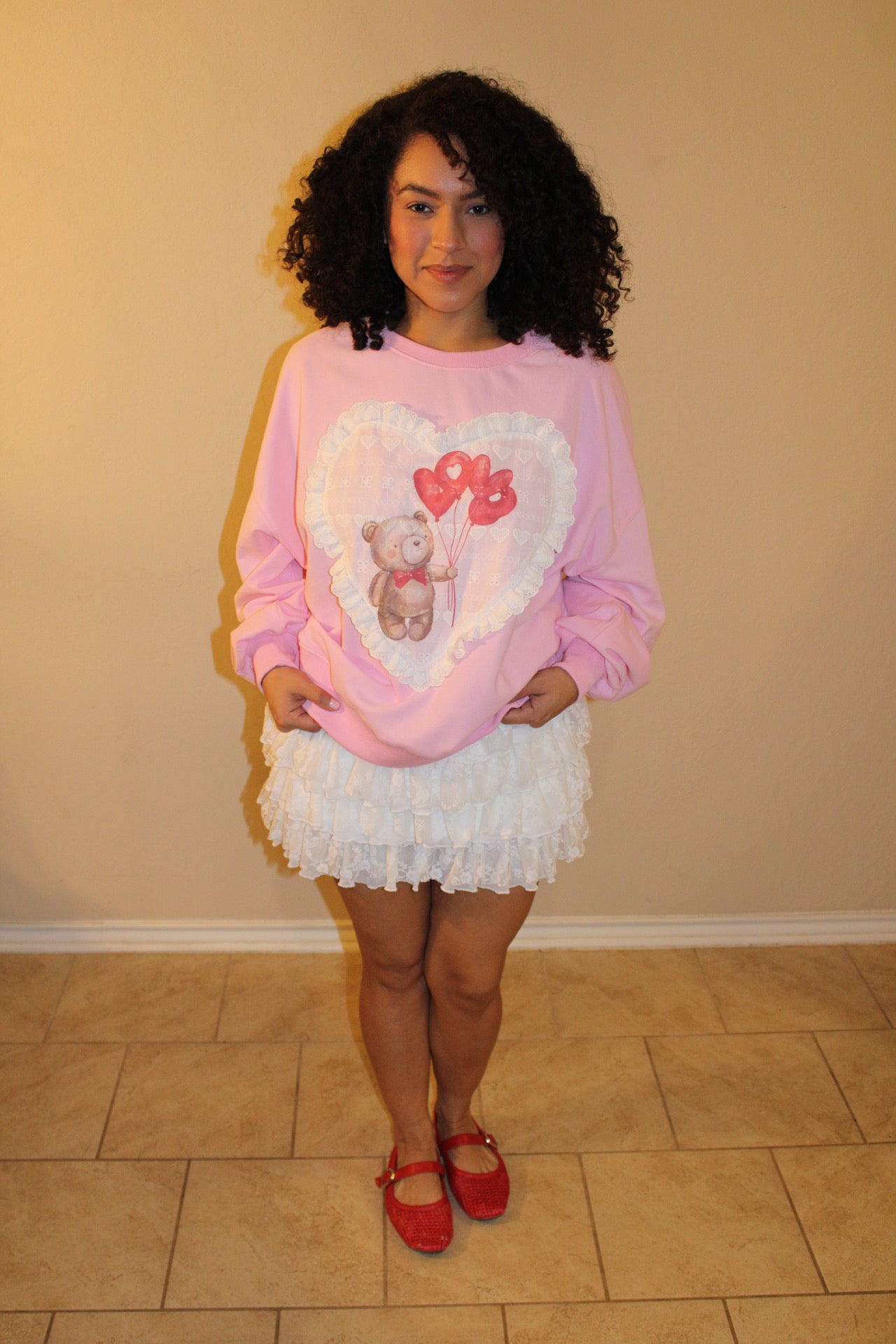 Lorelei Teddy Bear Eyelet Heart Patch Sweater