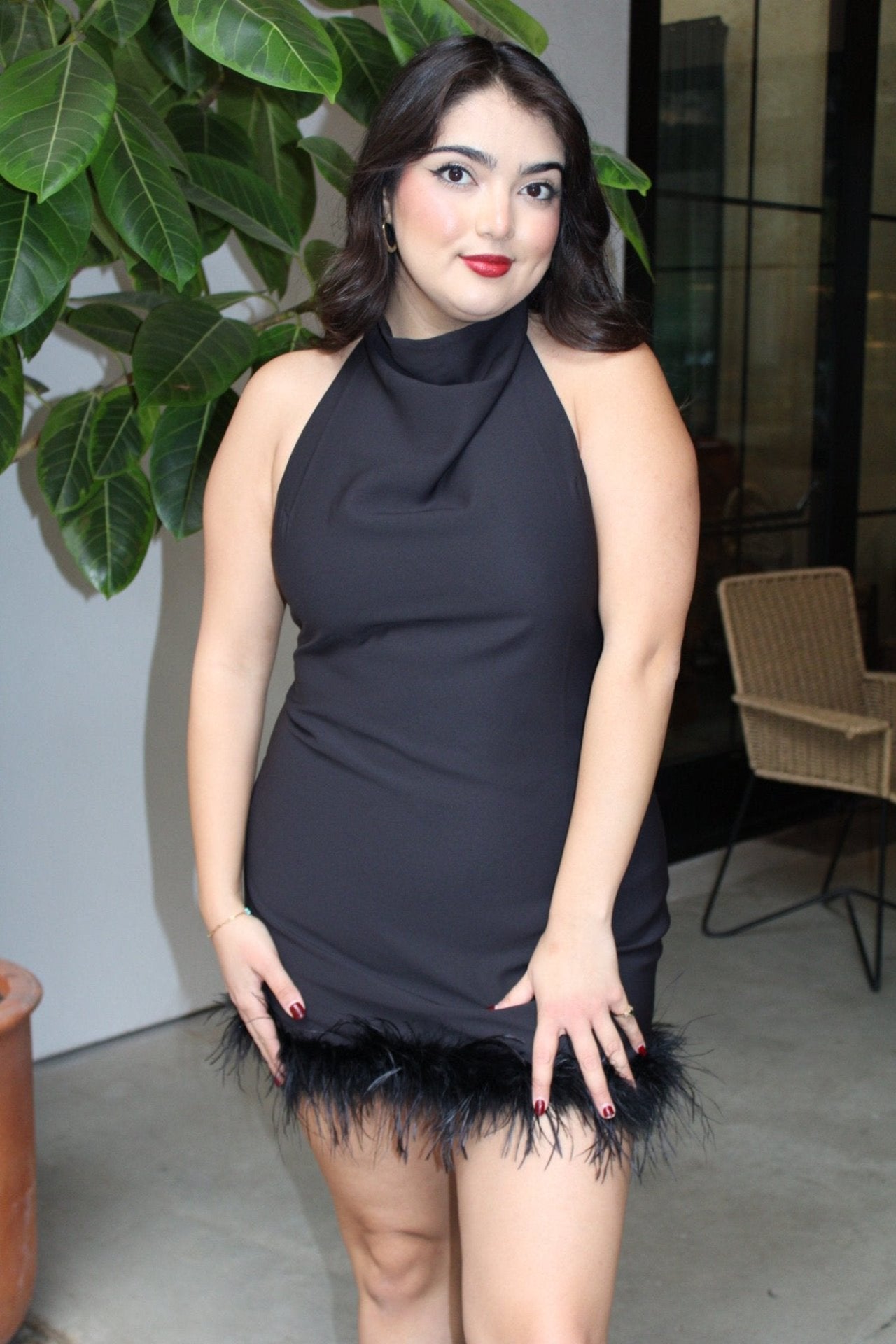 Midnight Glam Fur Halter Mini Dress