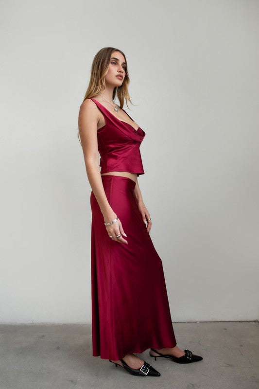 Megan Burgundy Maxi Satin Skirt