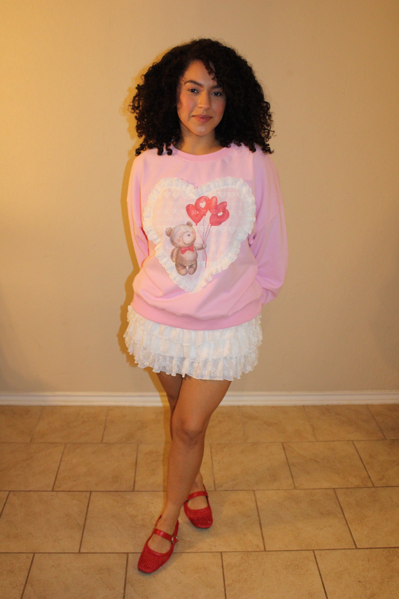 Lorelei Teddy Bear Eyelet Heart Patch Sweater