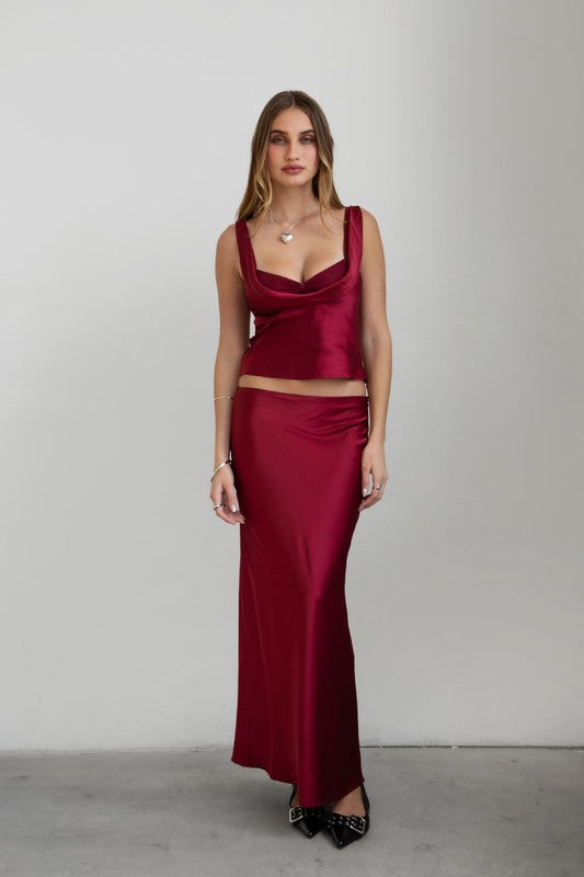 Megan Burgundy Maxi Satin Skirt