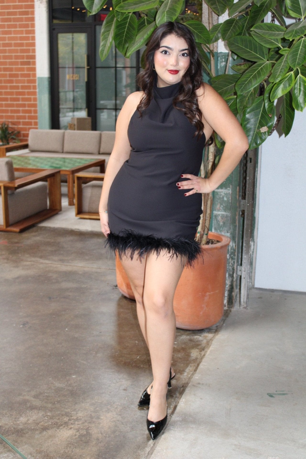 Midnight Glam Fur Halter Mini Dress