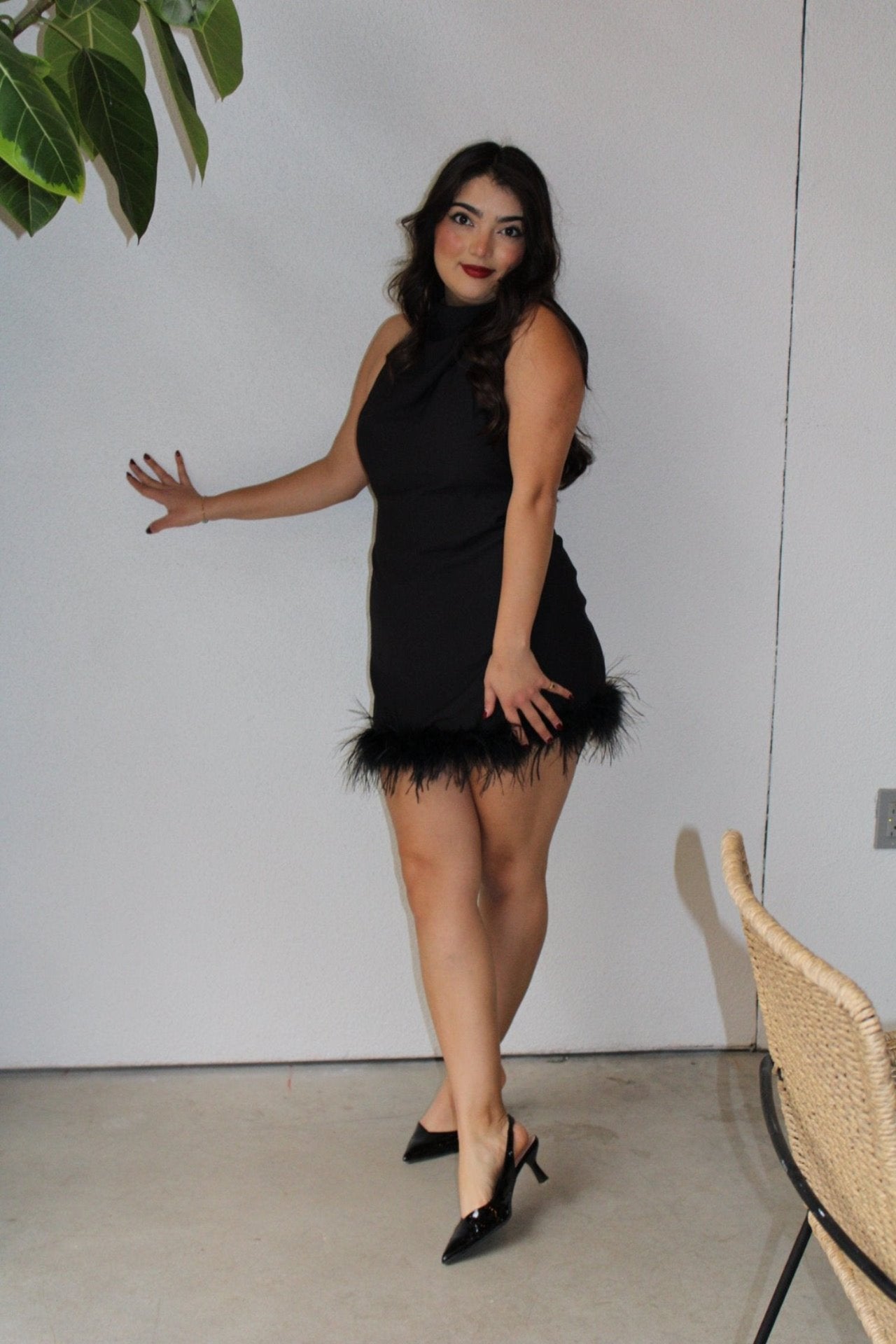 Midnight Glam Fur Halter Mini Dress