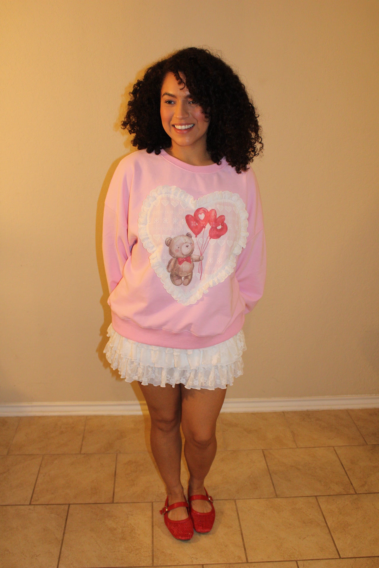Lorelei Teddy Bear Eyelet Heart Patch Sweater