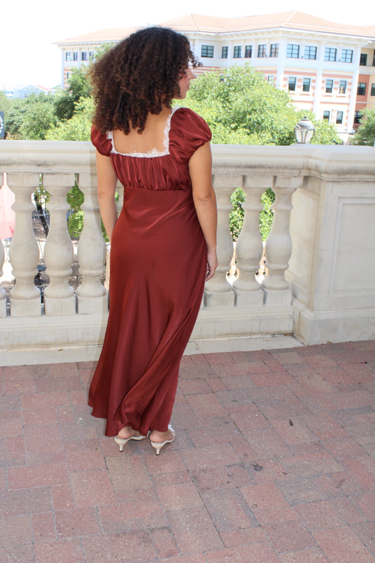 Spiced Cocoa Satin Maxi Dress