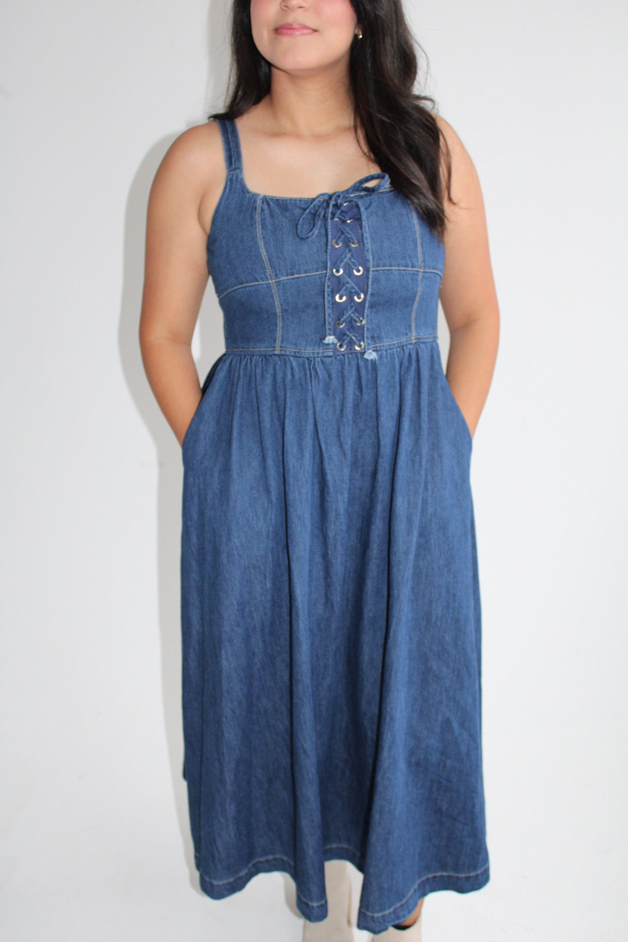 Lace Up Denim Midi Dress