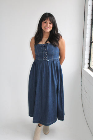 Lace Up Denim Midi Dress