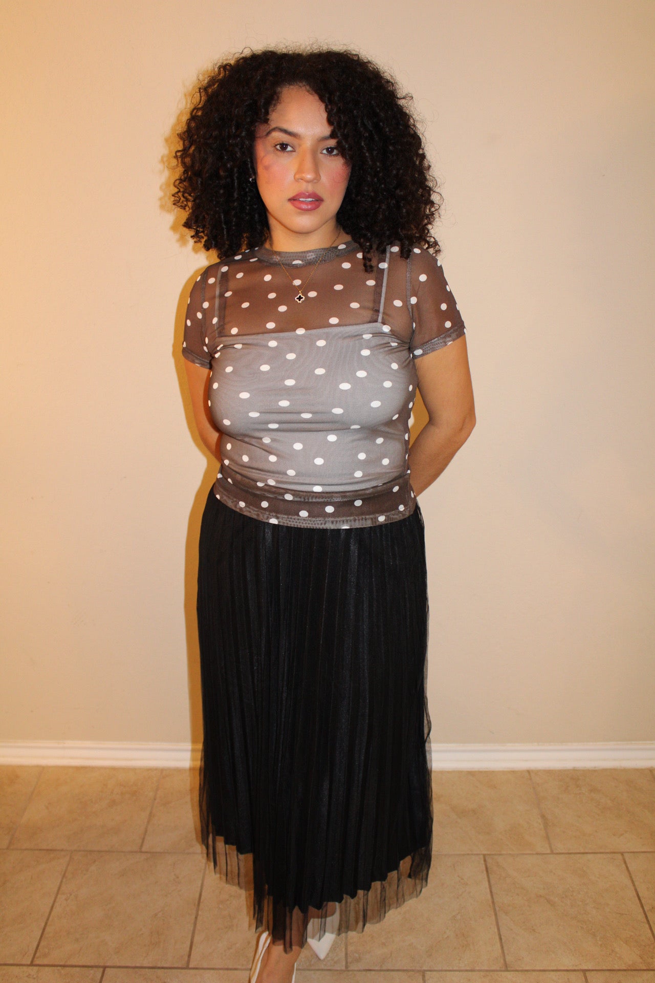 Mocha Mesh Polka Dot Top