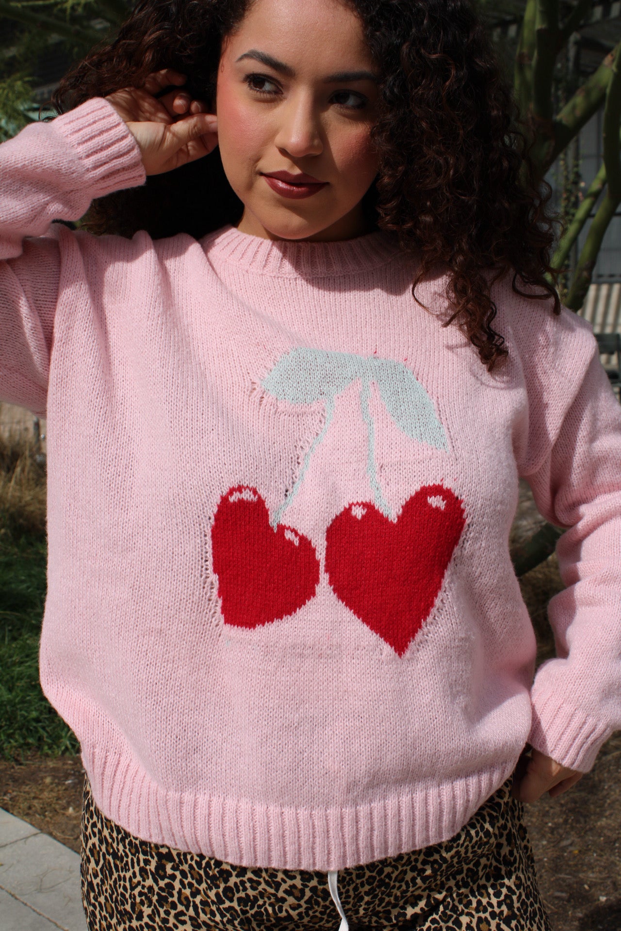 Knitted Sweater Pink Sweater Red Hearts Hearts On Top Sweater