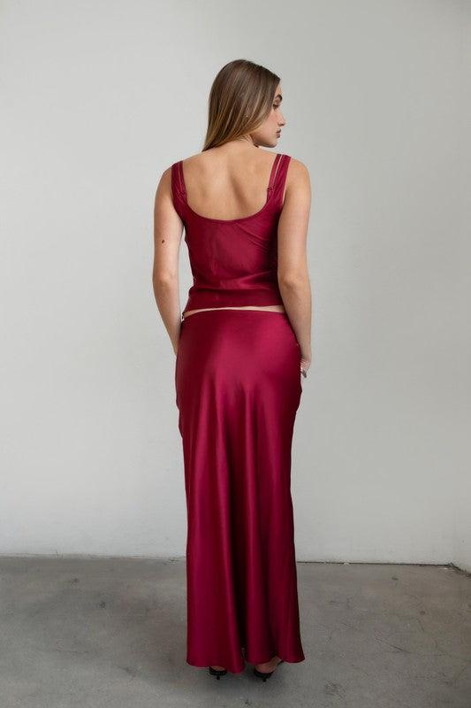 Megan Burgundy Maxi Satin Skirt