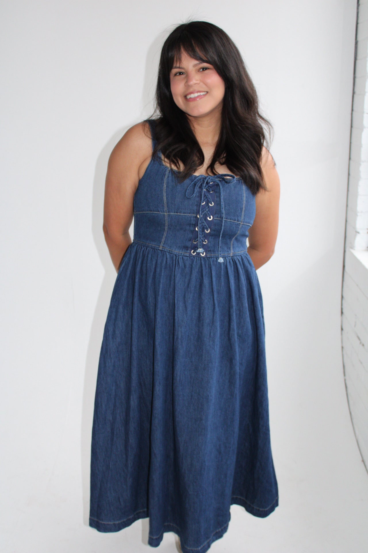 Lace Up Denim Midi Dress