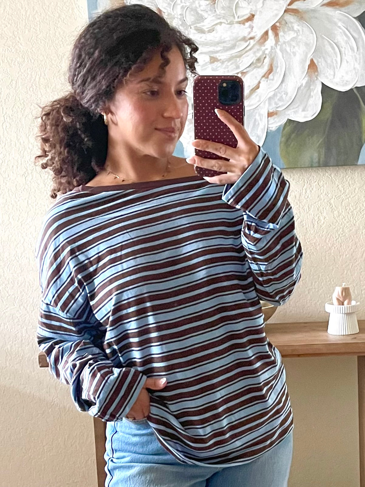 Blueberry Caramel Latte Striped Off The Shoulder Sweater