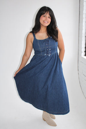 Lace Up Denim Midi Dress