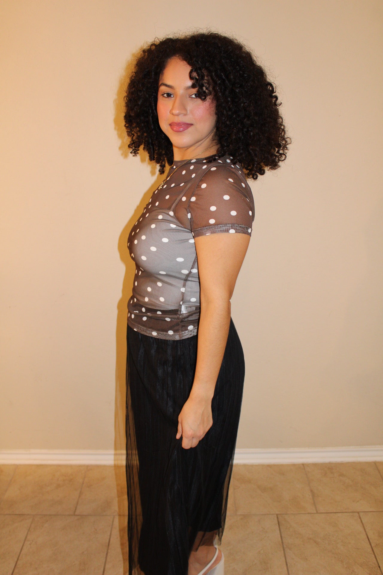 Mocha Mesh Polka Dot Top