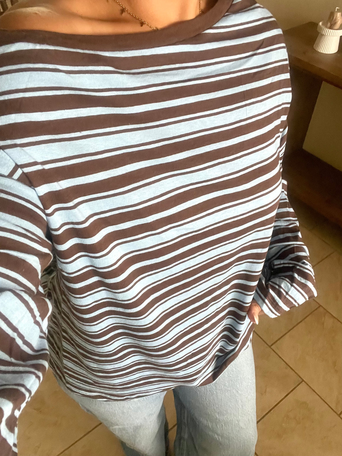 Blueberry Caramel Latte Striped Off The Shoulder Sweater
