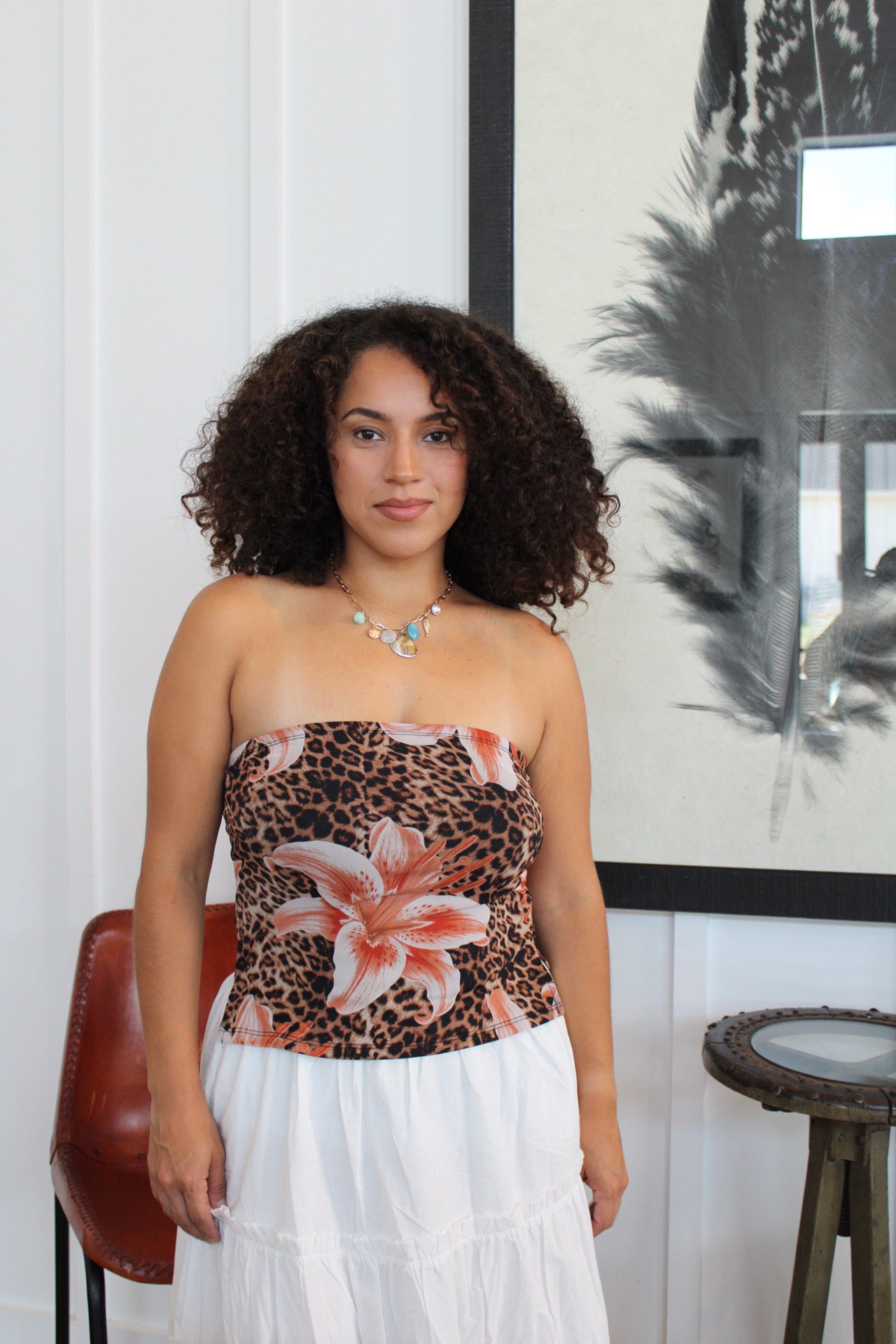 Adelina Leopard Floral Strapless Top
