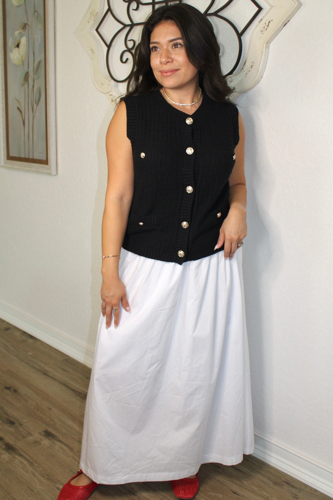 Laurel Knitted Gold Button Up Sleeveless Cardigan