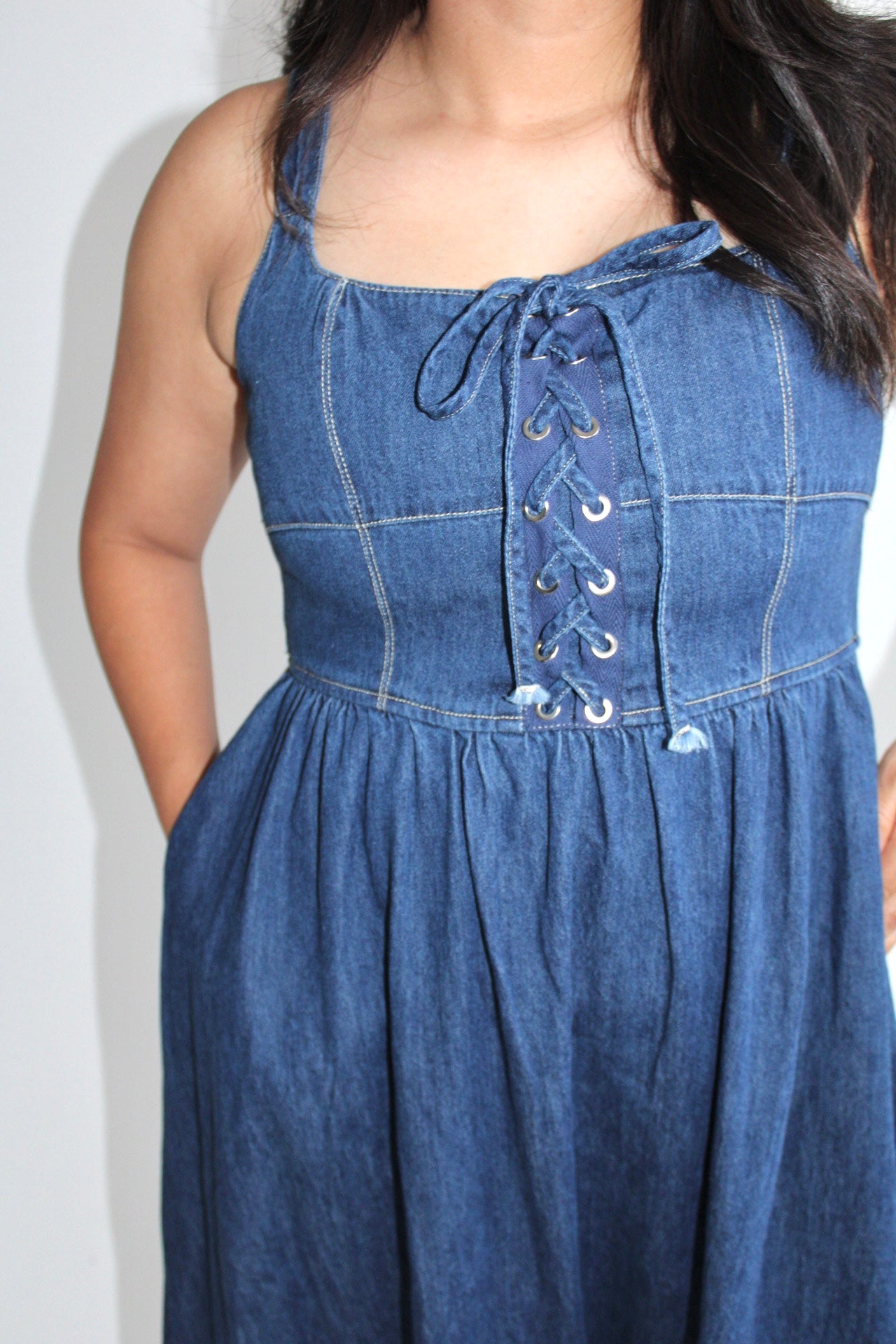 Lace Up Denim Midi Dress