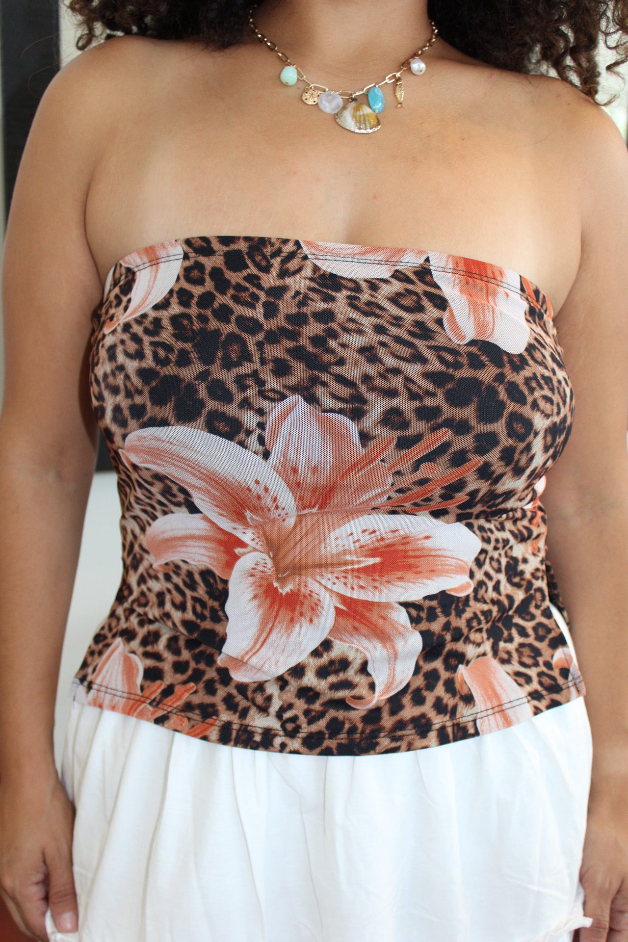Adelina Leopard Floral Strapless Top