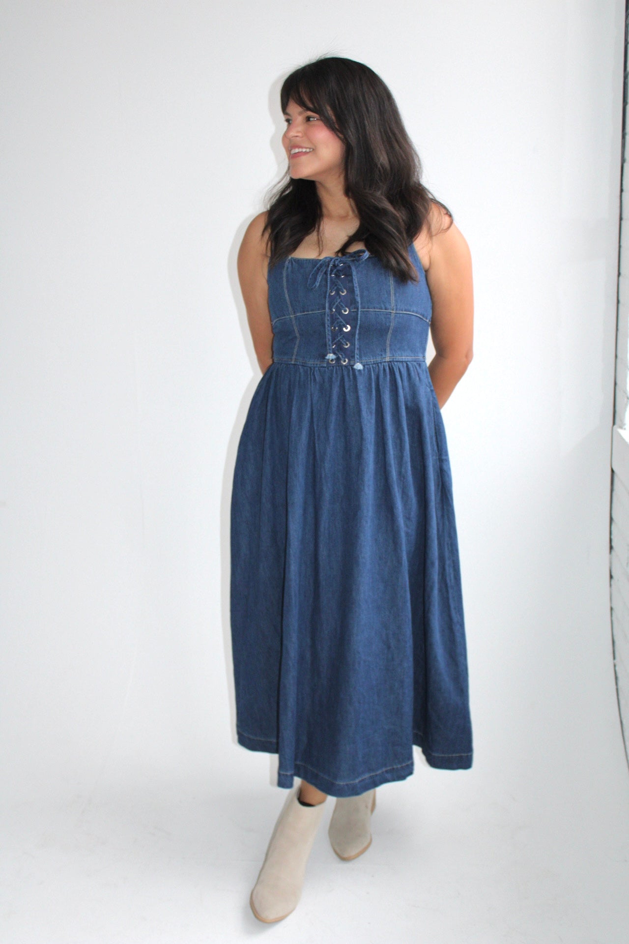 Lace Up Denim Midi Dress