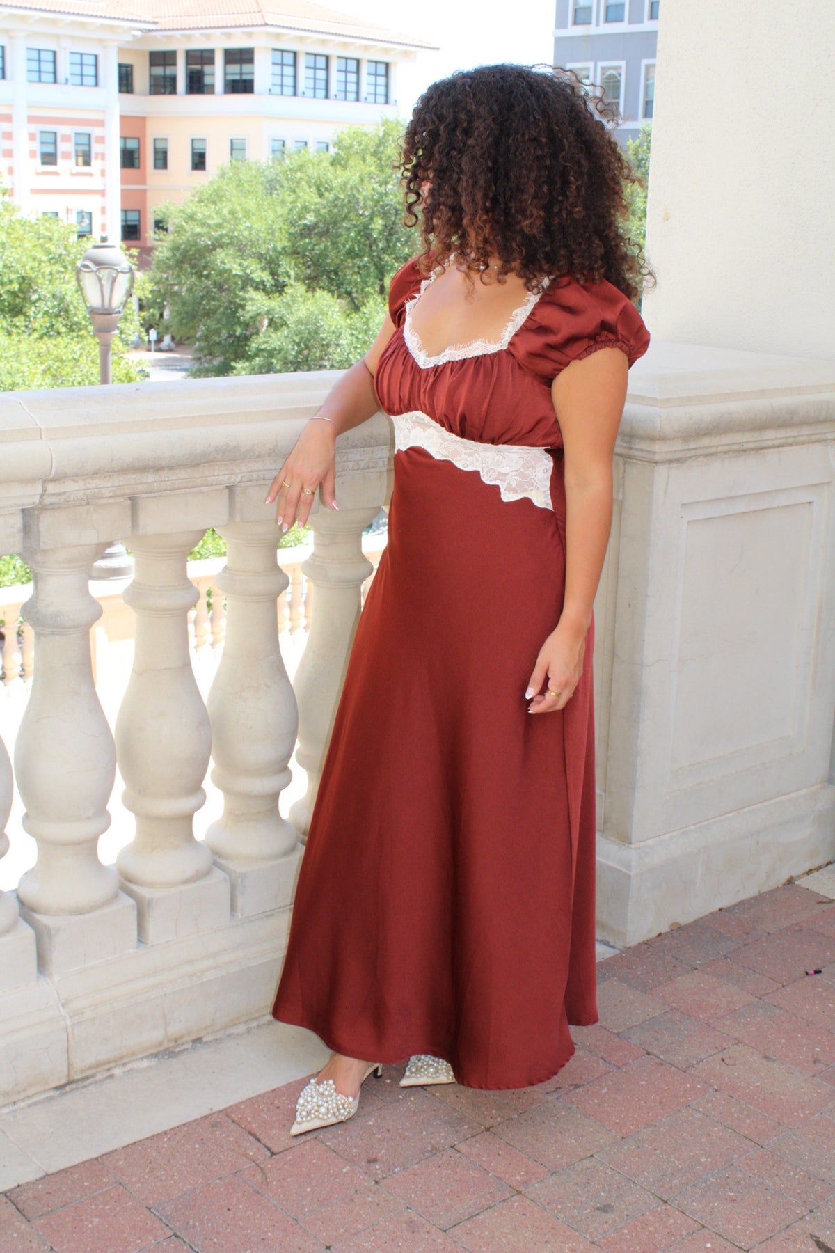 Spiced Cocoa Satin Maxi Dress