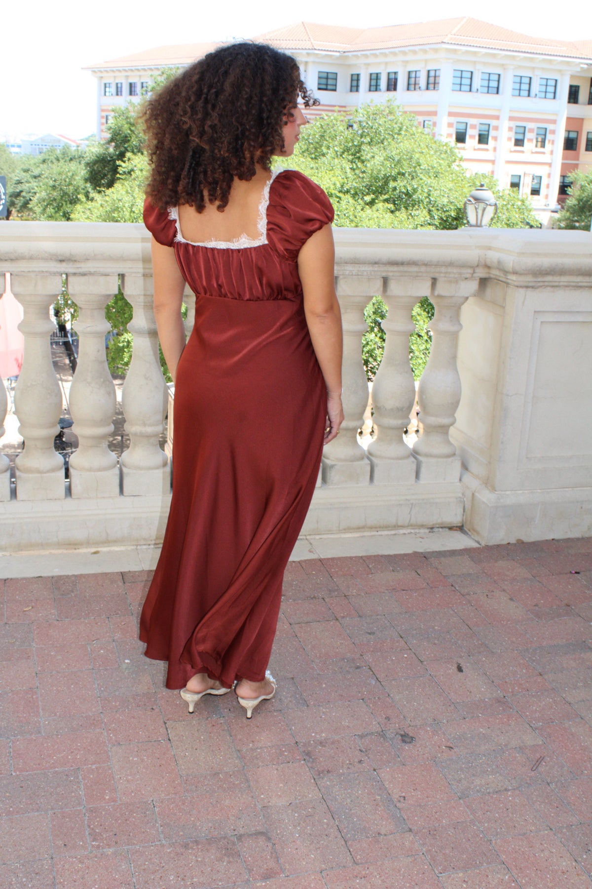Spiced Cocoa Satin Maxi Dress