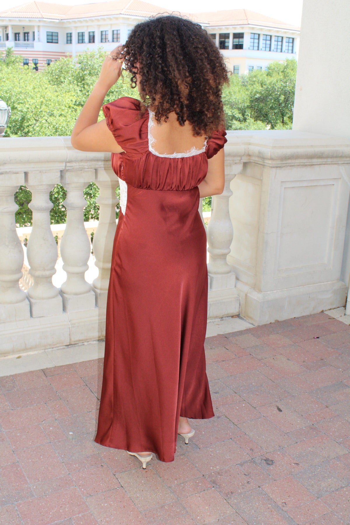 Spiced Cocoa Satin Maxi Dress
