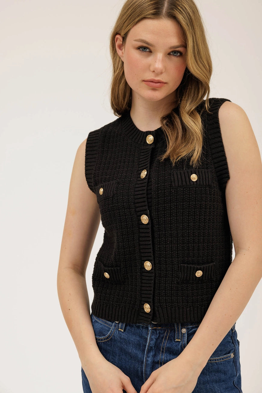 Laurel Knitted Gold Button Up Sleeveless Cardigan