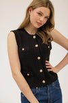 Laurel Knitted Gold Button Up Sleeveless Cardigan